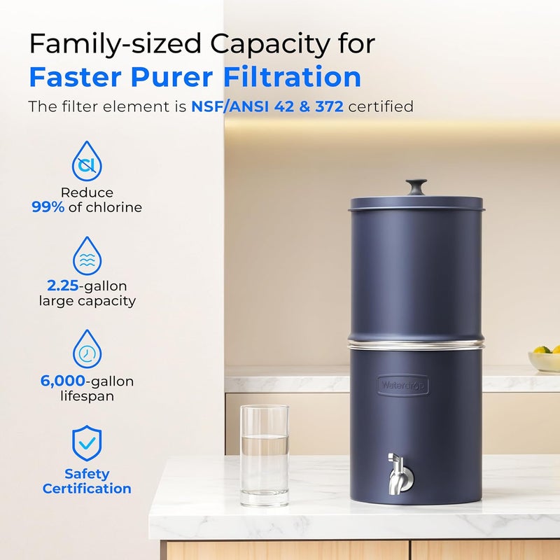 Waterdrop 2.25G Gravity Water Filter System, NSF/ANSI 42&372 Standard, Stainless Steel System with 2 Carbon Filters, Reduces 99% of Lead and Chlorine for Home, Camping, Emergencies, King Tank, Blue - Image 2